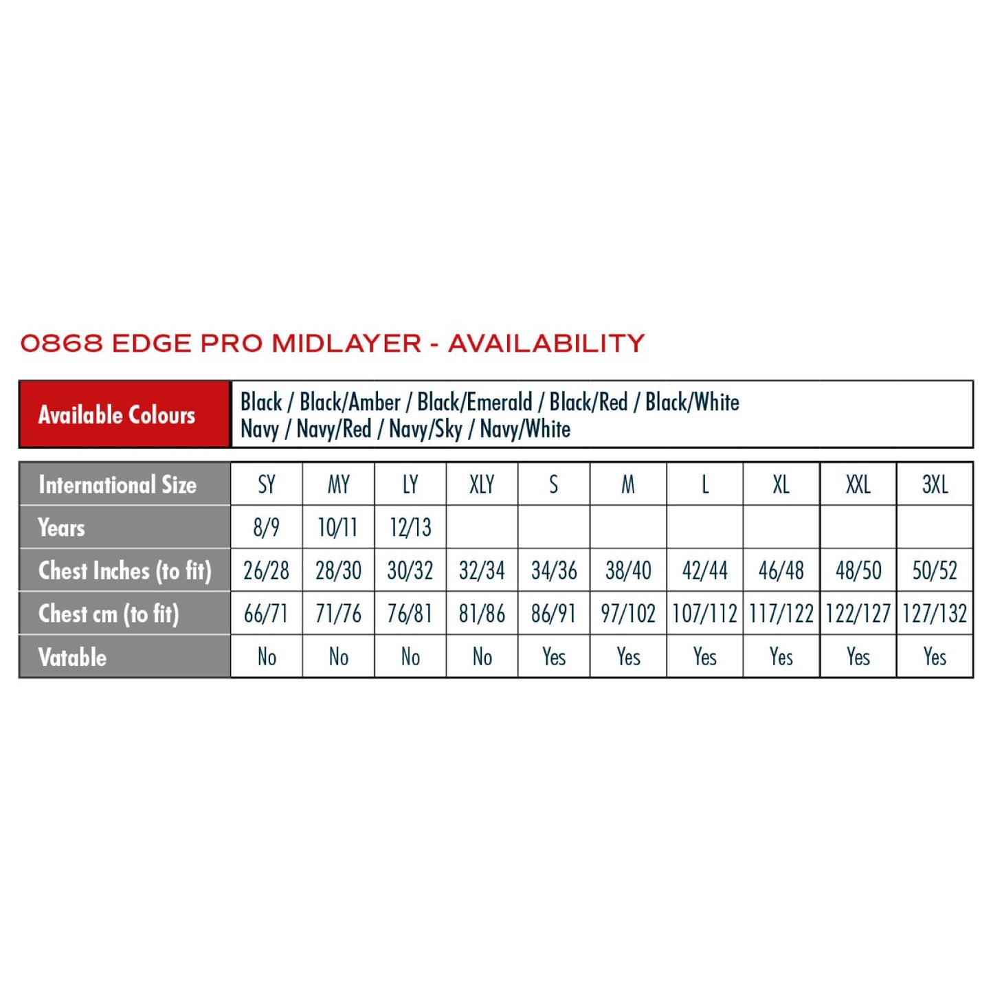 868 midlayer size guide