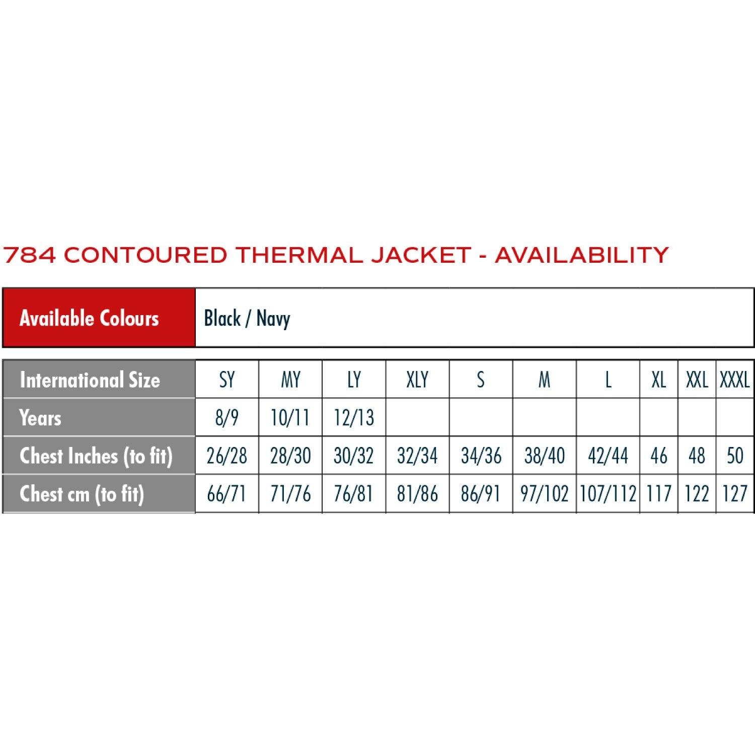 thermal contorjacket size guide